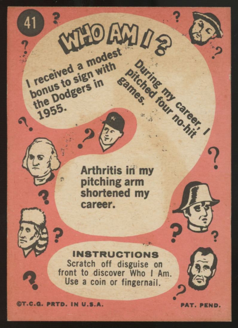 1967 Topps Who Am I? Sandy Koufax Unscratched #41 VG