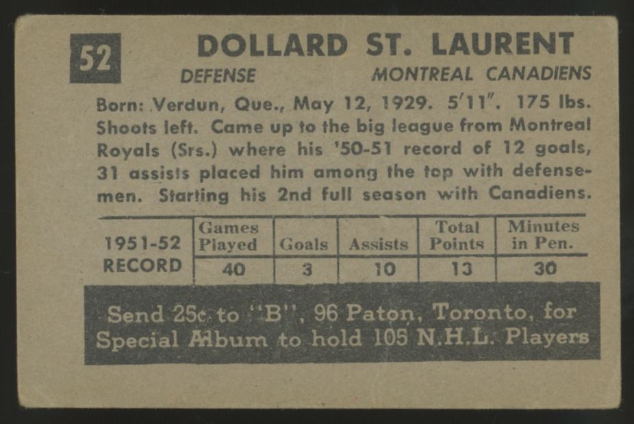 1952-53 Parkhurst Dollard St. Laurent #52 Good