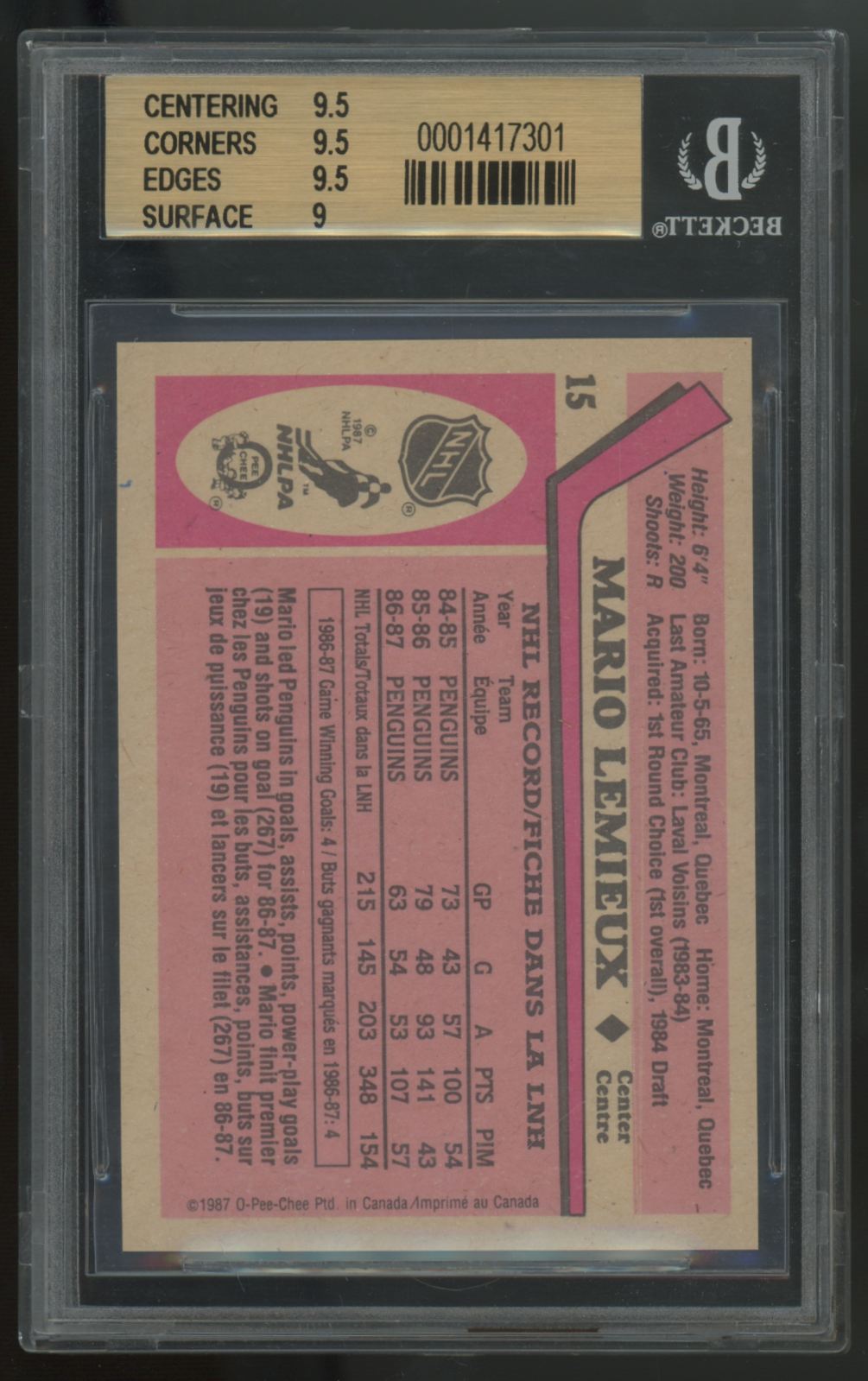 1987-88 O-Pee-Chee Mario Lemieux #15 BGS 9.5