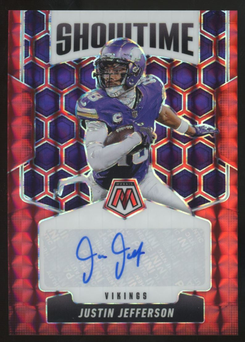 2025 Panini Mosaic Justin Jefferson Red Showtime Auto /199 #SOS-JJE