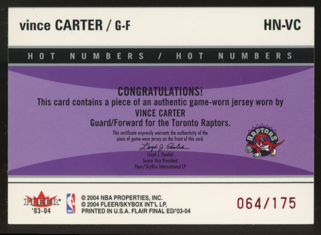 2003-04 Fleer Final Flair Edition Vince Carter Hot Numbered Patch Red /175