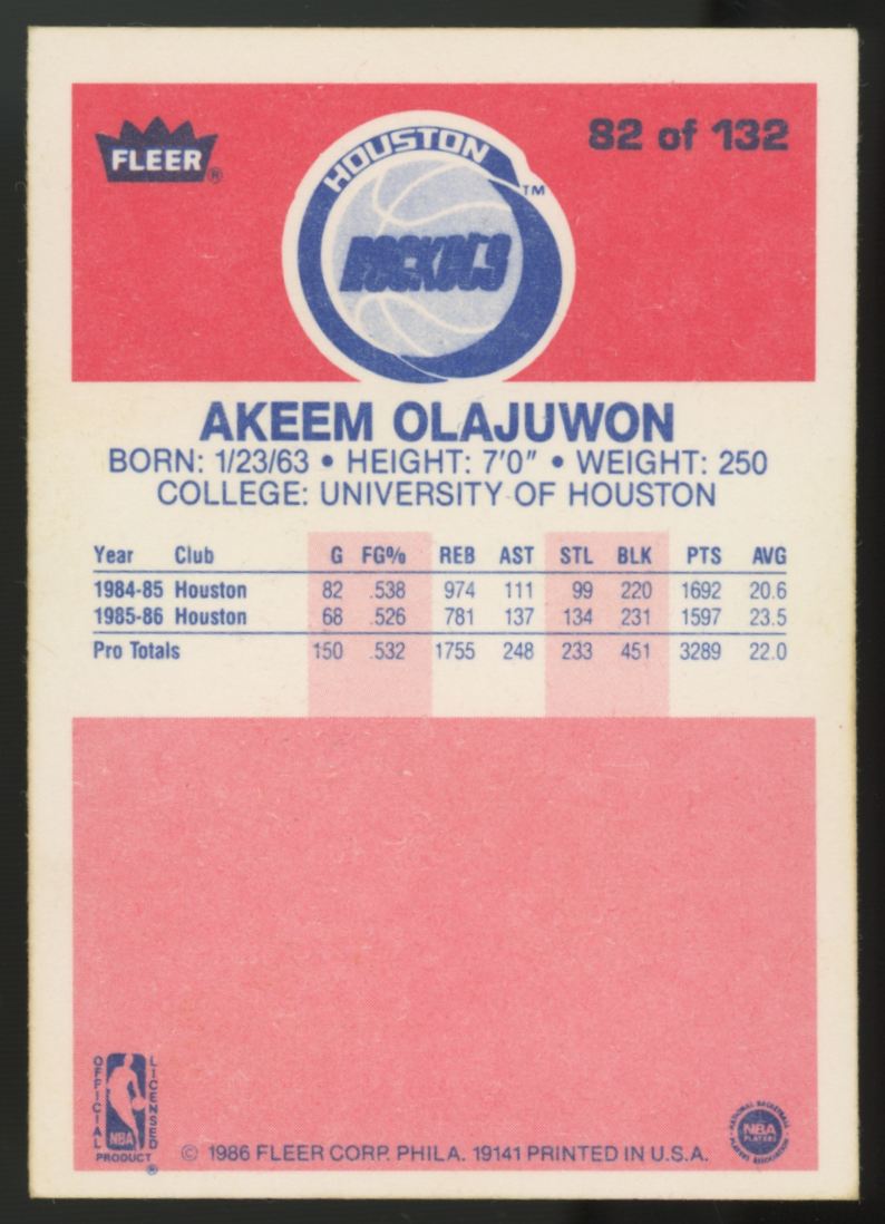 1986-87 Fleer Premier Akeem Olajuwon RC #82 EX+