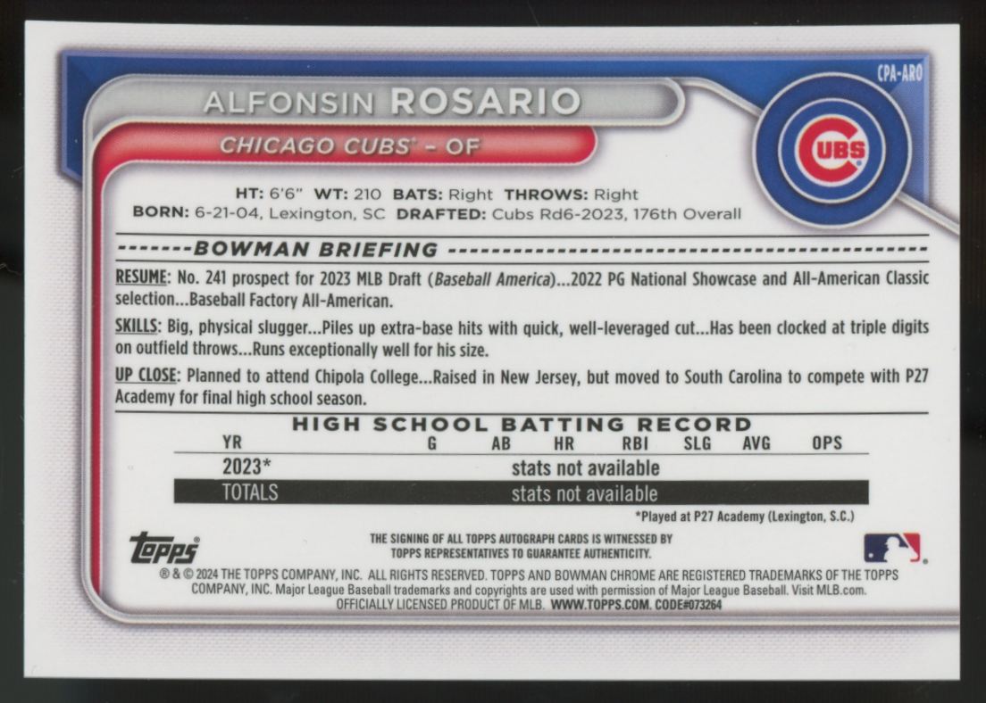 2024 Bowman Chrome Alfonsin Rosario 1st Prospect Auto #CPA-ARO