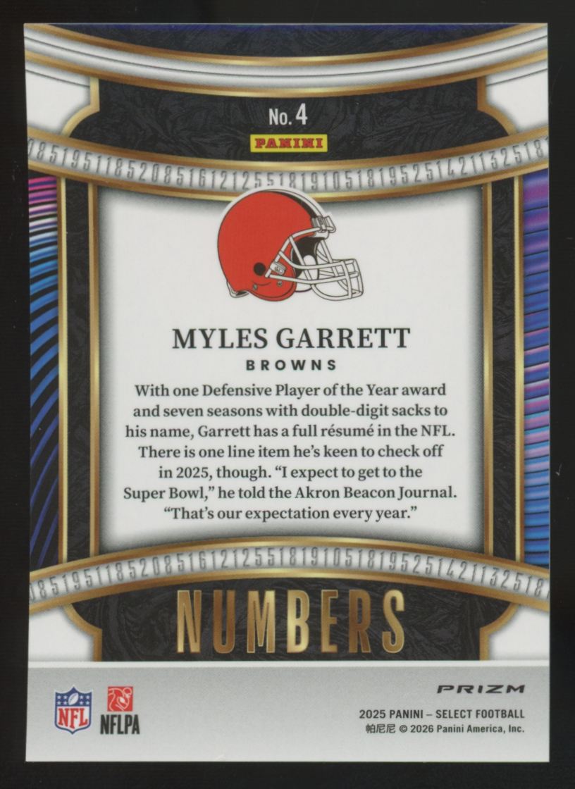 2025 Panini Select Myles Garrett Numbers Zebra Prizm SSP #4