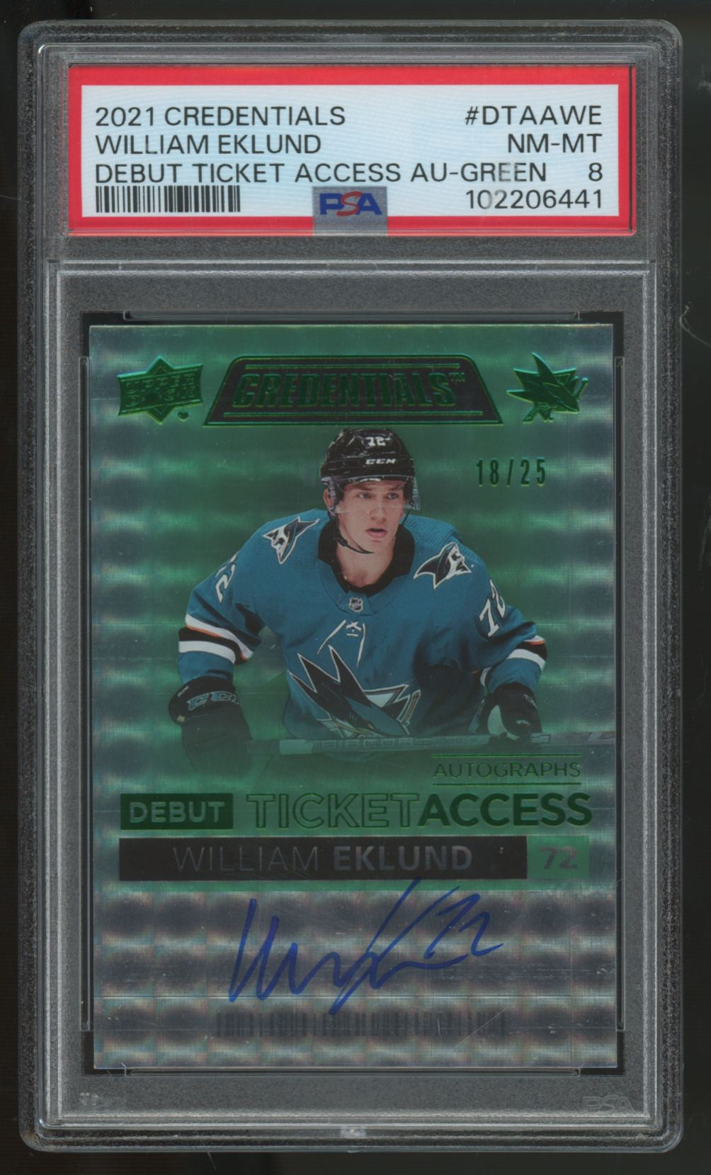 2021-22 UD Credentials William Eklund RC Debut Ticket Auto Green /25 PSA 8