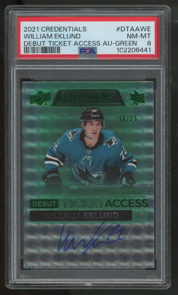 2021-22 UD Credentials William Eklund RC Debut Ticket Auto Green /25 PSA 8
