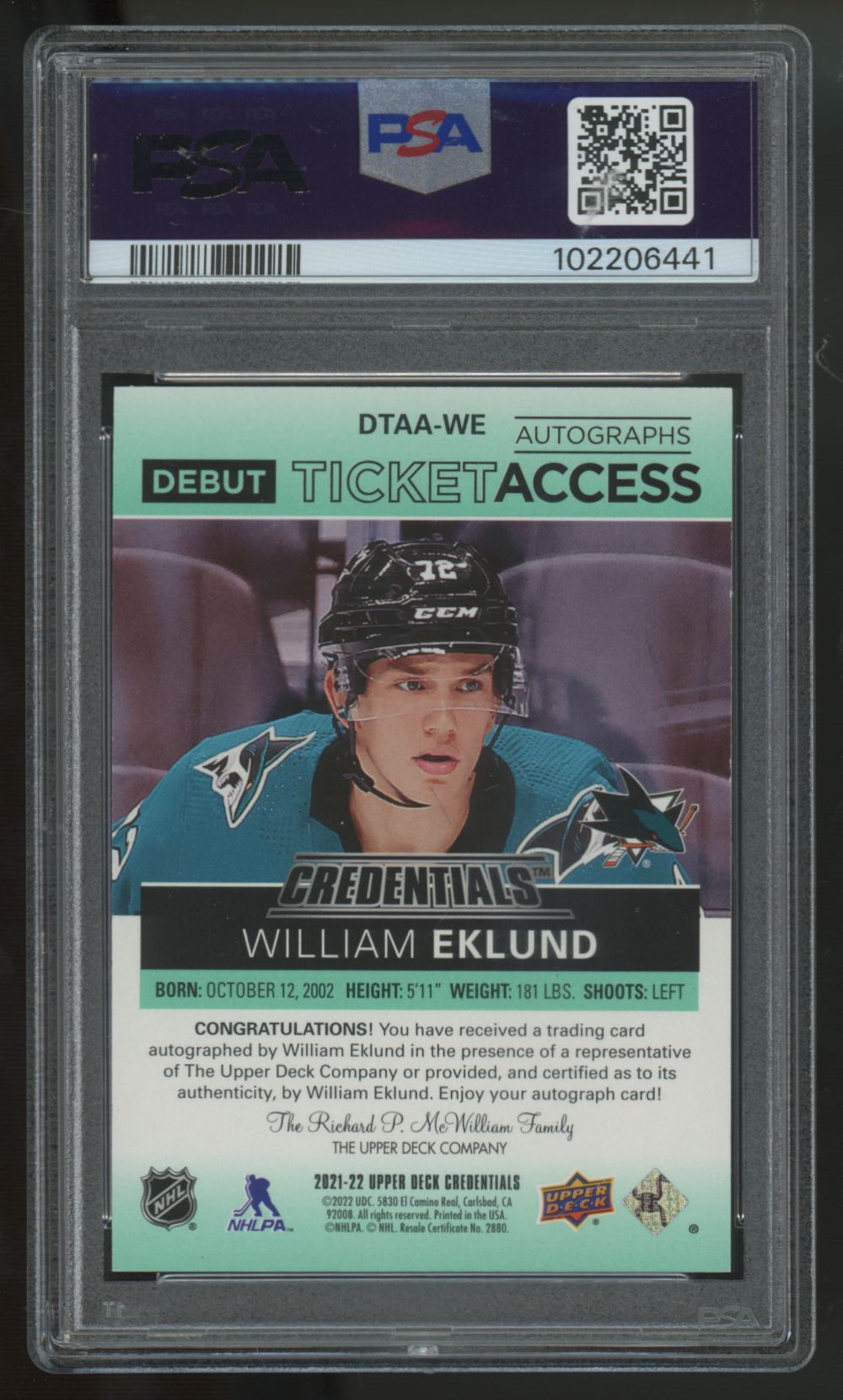 2021-22 UD Credentials William Eklund RC Debut Ticket Auto Green /25 PSA 8