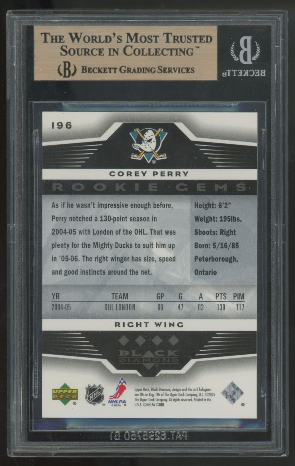 2005-06 UD Black Diamond Corey Perry RC Rookie Gems #196 BGS 9.5