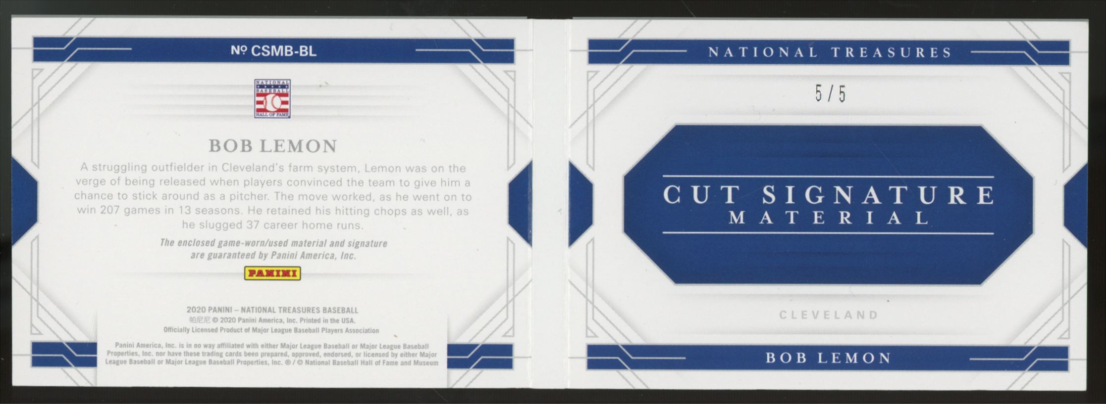 2020 National Treasures Bob Lemon Cut Signature Material Patch Auto Booklet /5