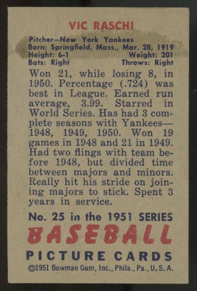 1951 Bowman Vic Raschi #25 EX+