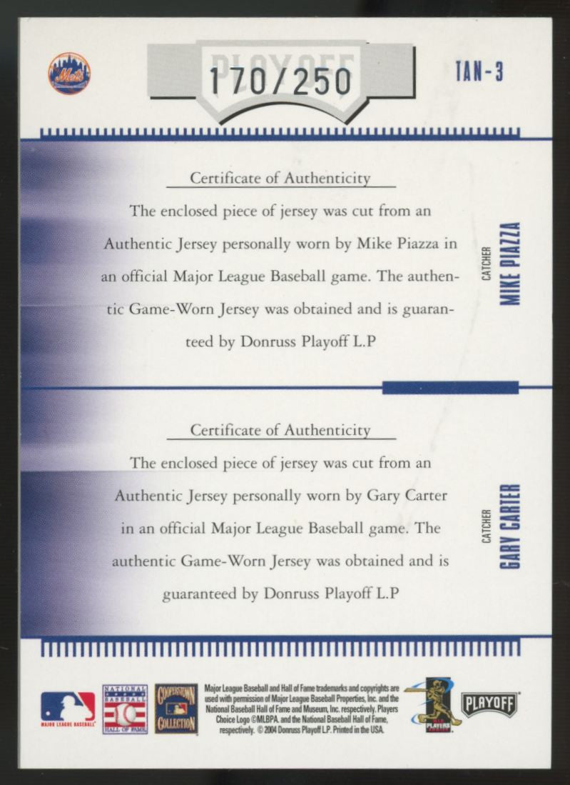 2004 Playoff Absolute Mike Piazza/Gary Carter Team Tandems Dual Patch /250