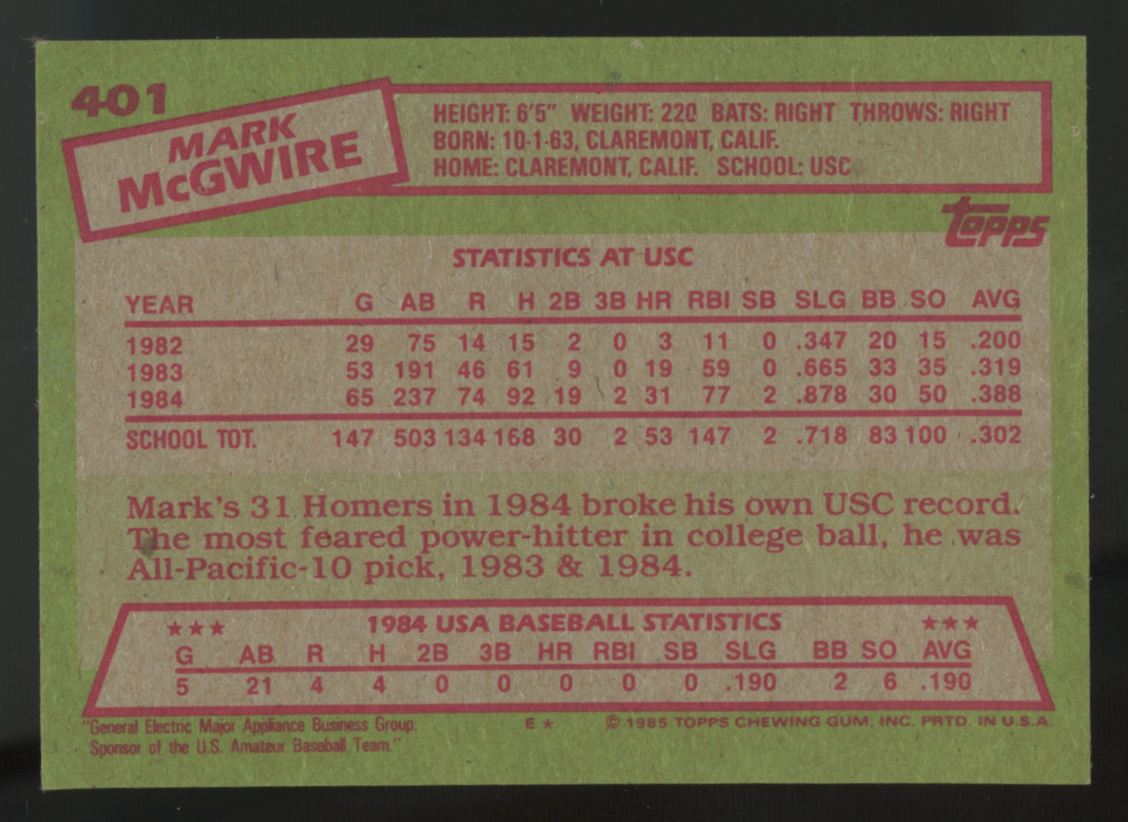 1985 Topps Mark McGwire RC #401 NM
