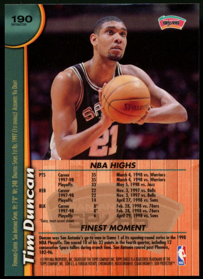 1998-99 Topps Finest Tim Duncan Refractor with Coating #190