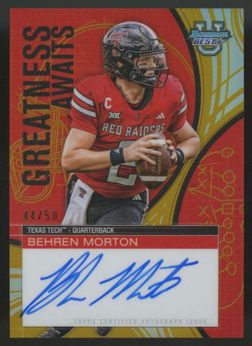 2025 Bowman Best University Behren Morton Greatness Awaits Gold Auto /50 #GA-BM