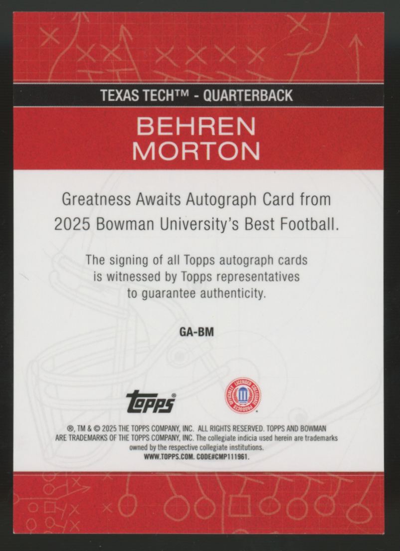 2025 Bowman Best University Behren Morton Greatness Awaits Gold Auto /50 #GA-BM