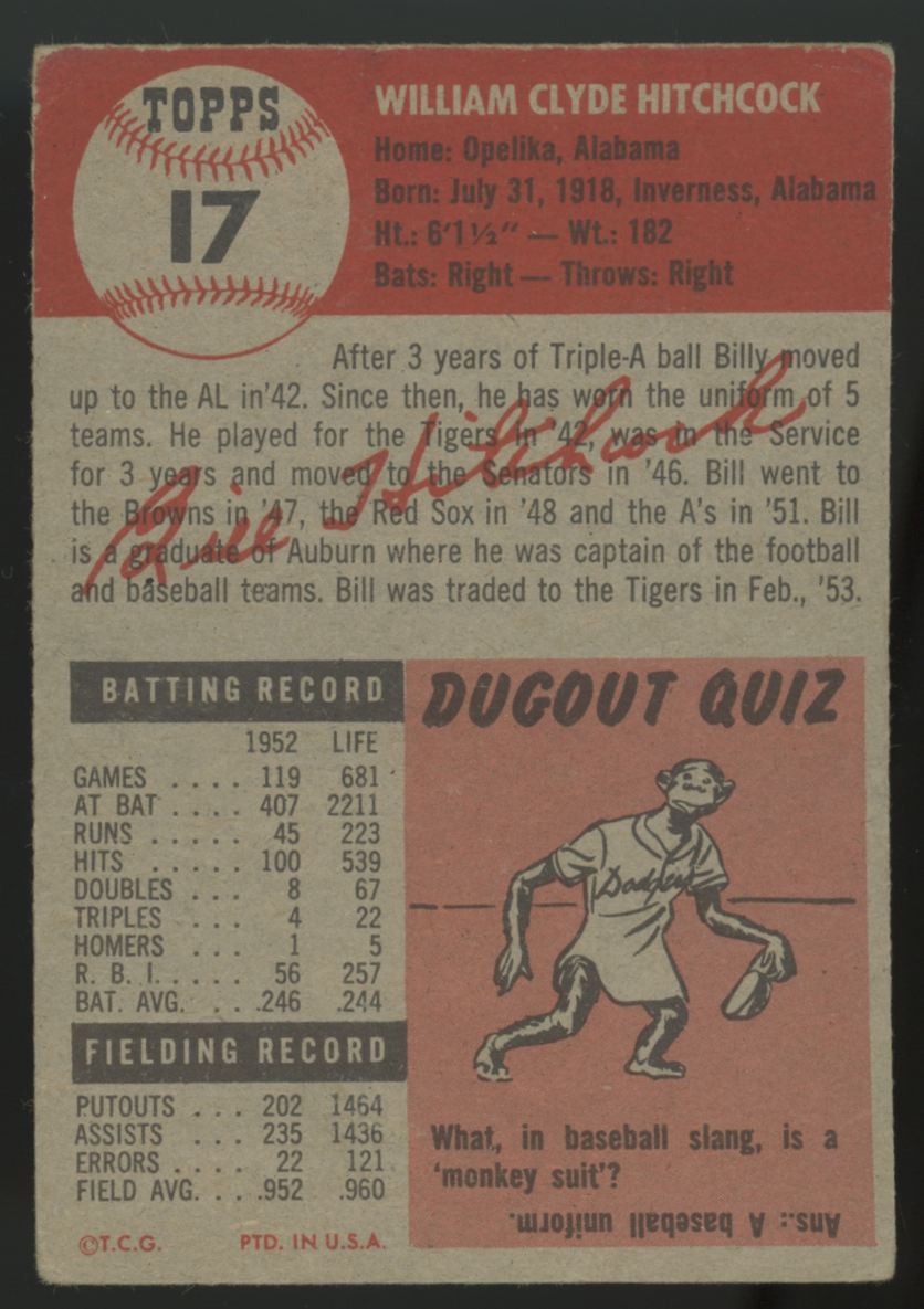 1953 Topps Billy Hitchcock #17 Poor