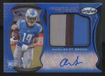 2021 Panini Certified Amon-Ra St. Brown RC Blue Freshman Fabric Patch Auto /75