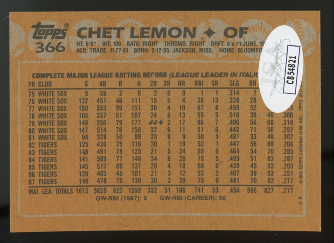 1988 Topps Chet Lemon #366 Signed Auto JSA
