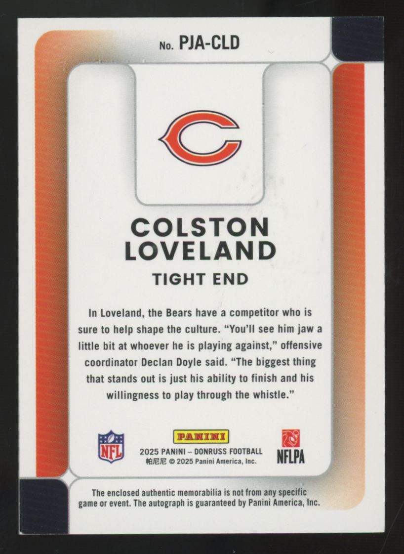 2025 Panini Donruss Colston Loveland RC Prime Phenom Patch Auto RPA /49 #PJA-CLD