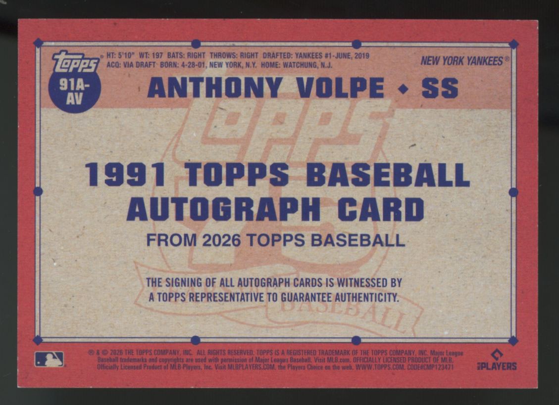 2026 Topps Series One Anthony Volpe Blue Foil 1991 Auto /150 #91A-AV