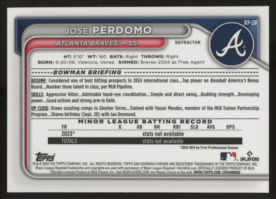 2024 Bowman Chrome Jose Perdomo 1st Refractor 178/499 #BCP-220