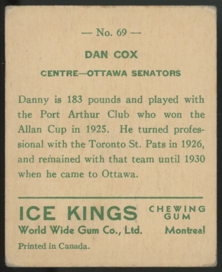 1933 World Wide Gum Dan Cox Ice Kings #69 VG/EX