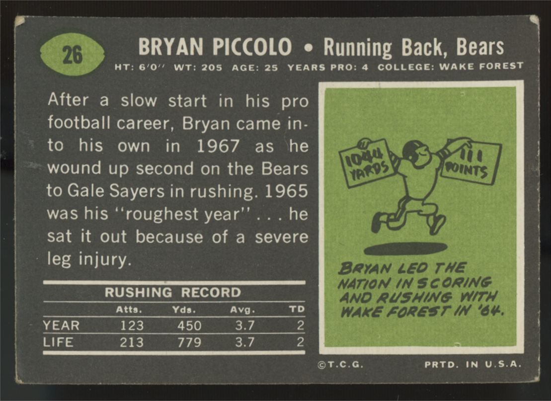 1969 Topps Bryon Piccolo RC #26 VG