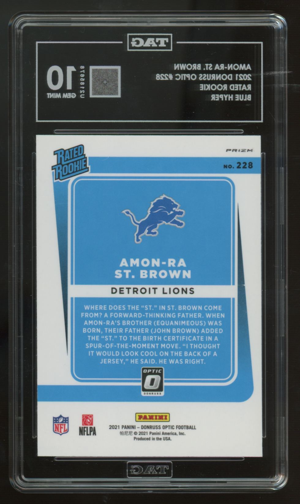 2021 Donruss Optic Amon-Ra St. Brown RC Rated Rookie Blue Hyper #228 TAG 10