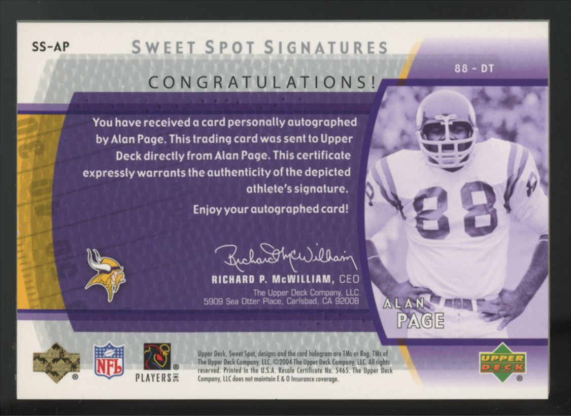 2004 Upper Deck Sweet Spot Alan Page Sweet Spot Signatures Auto #SS-AP