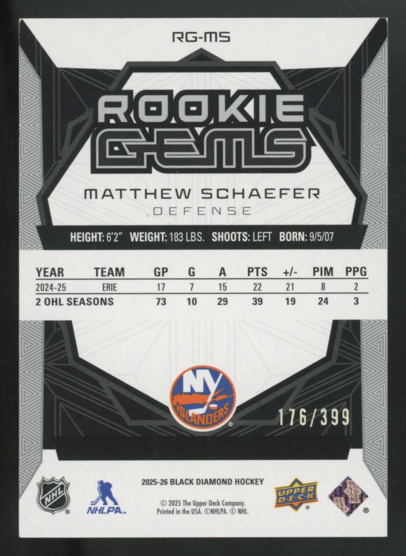 2025-26 Upper Deck Black Diamond Matthew Schaefer RC Gems /399 #RG-MS