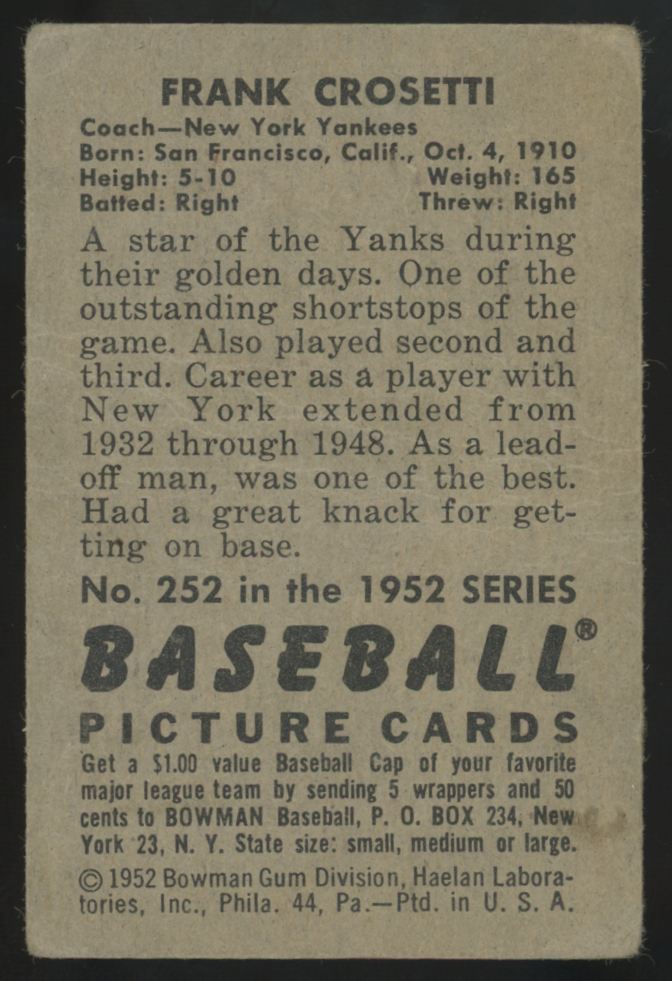 1952 Bowman Frank Crosetti Picture Card #252 Poor