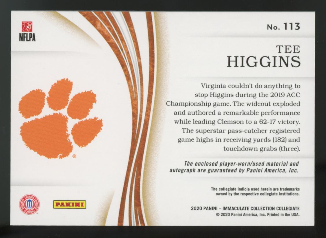 2020 Immaculate Collegiate Tee Higgins RC Patch Auto Silver RPA /49 #113