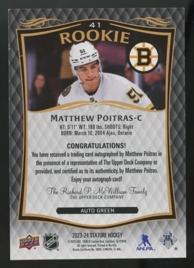 2023-24 UD Stature Matthew Poitras RC Green Auto /199 #41