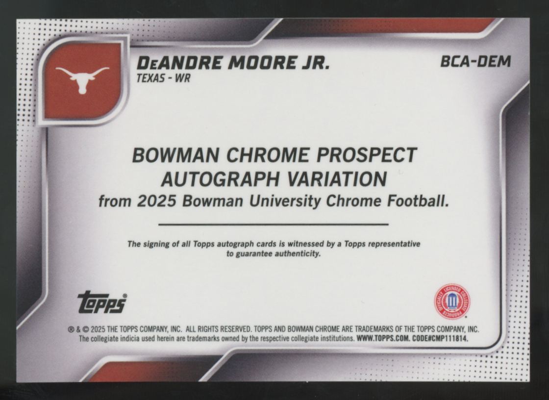 2025 Bowman Chrome U DeAndre Moore Jr. 1st Black Shimmer Auto /10 #BCA-DEM