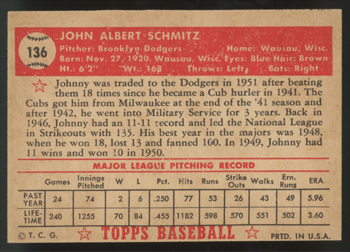 1952 Topps Johnny Schmitz #136 NM