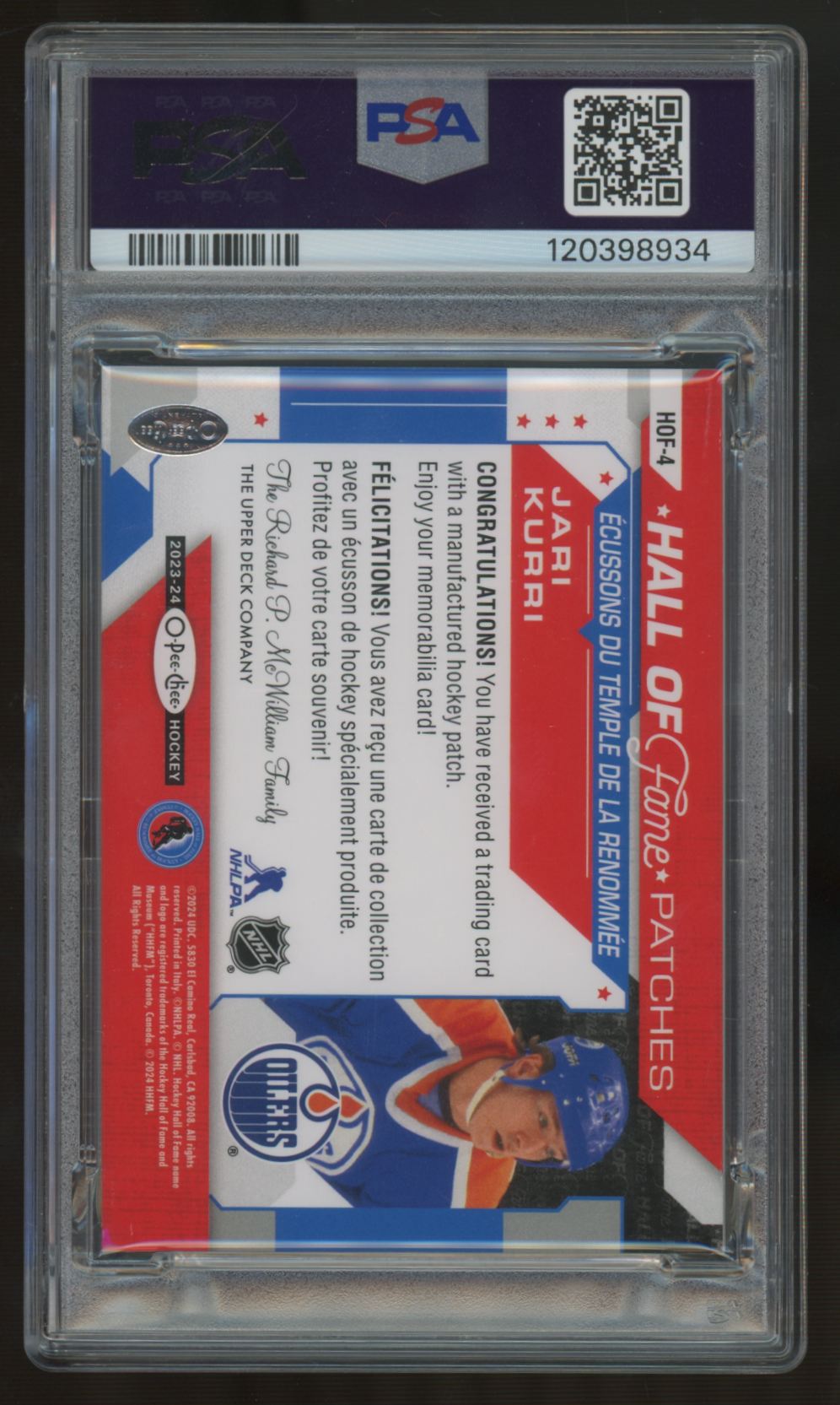 2023-24 O-Pee-Chee Jari Kurri Hall of Fame Logo Patch #HOF-4 PSA 10