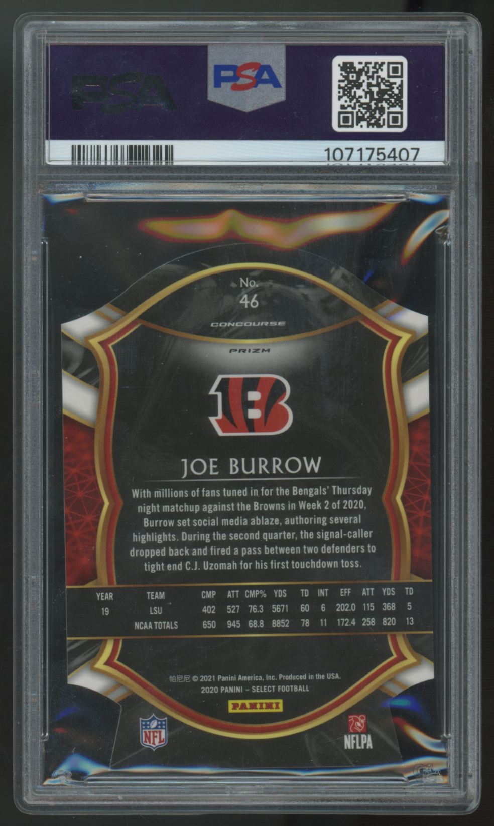 2020 Panini Select Joe Burrow RC Concourse Die-Cut Purple #46 PSA 9