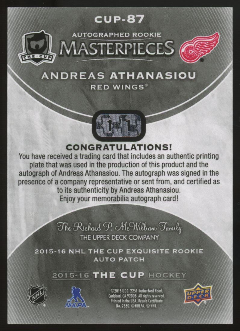 2015-16 UD The Cup Andreas Athanasiou RC Auto Cyan Printing Plate 1/1