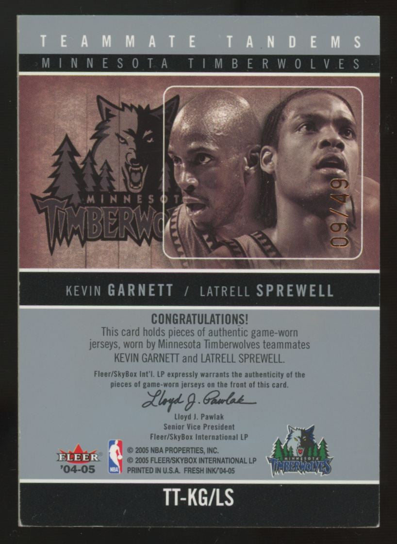2004-05 Fleer Kevin Garnett/Latrell Sprewell Teammate Tandems Dual Patch /49
