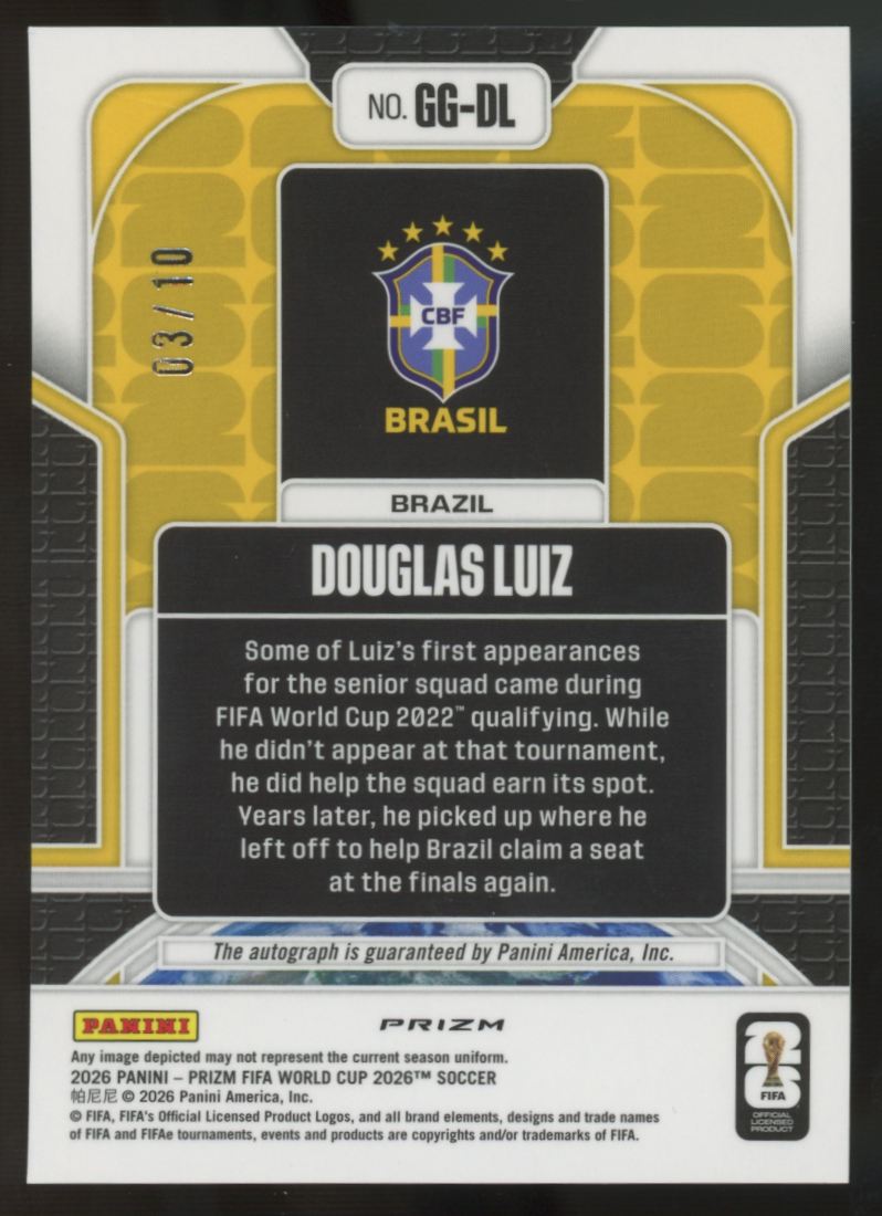 2026 Panini Prizm FIFA World Cup Douglas Luiz Global Graphs Gold Auto /10 #GG-DL