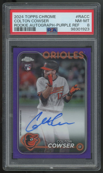 2024 Topps Chrome Colton Cowser RC Purple Refractor Auto /250 #RA-CC PSA 8