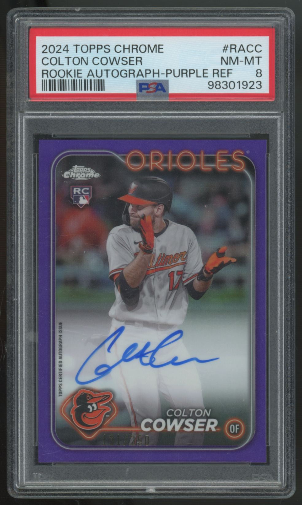 2024 Topps Chrome Colton Cowser RC Purple Refractor Auto /250 #RA-CC PSA 8