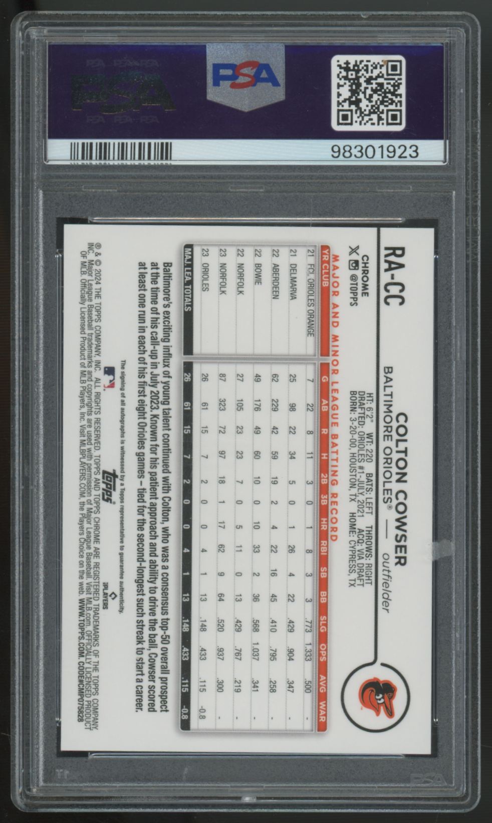 2024 Topps Chrome Colton Cowser RC Purple Refractor Auto /250 #RA-CC PSA 8