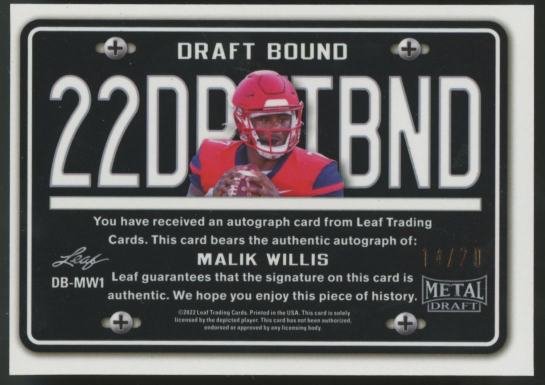2022 Leaf Metal Draft Malik Willis RC Draft Bound Auto Purple /20 #DB-MW1