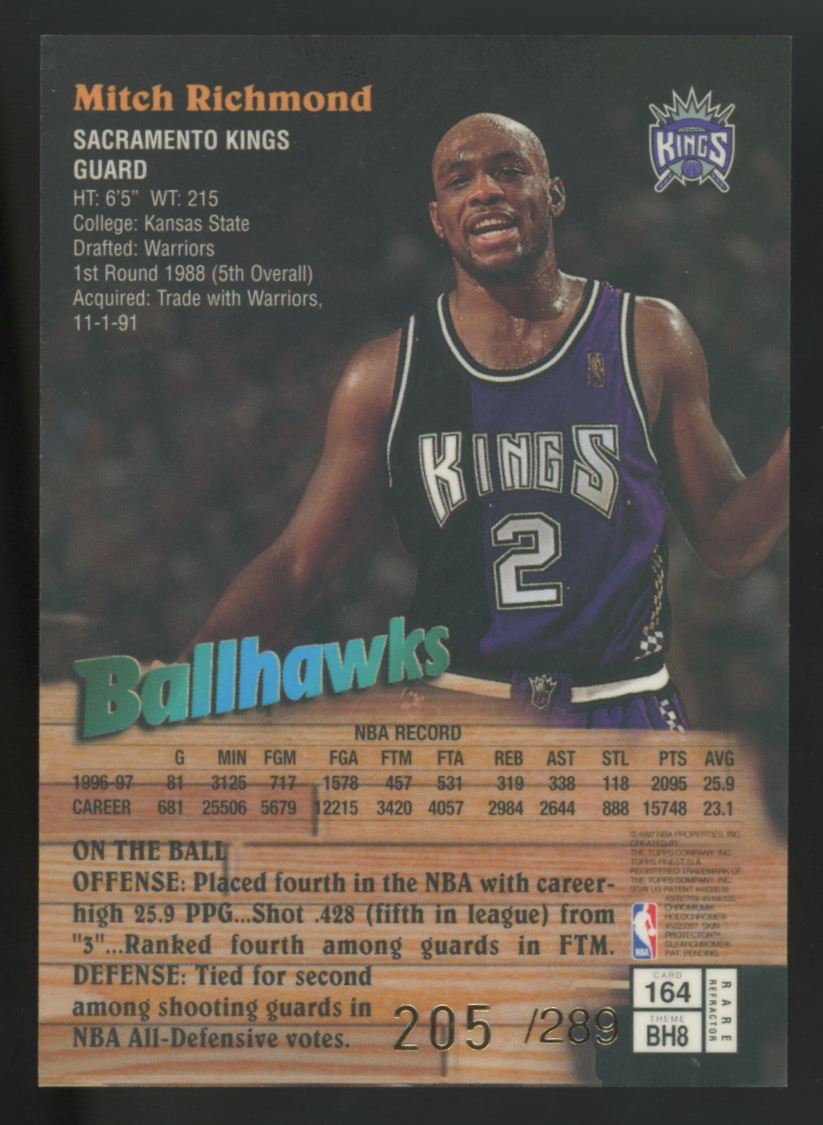 1997-98 Topps Finest Mitch Richmond Ballhawks Rare Refractor W/ Protector /289