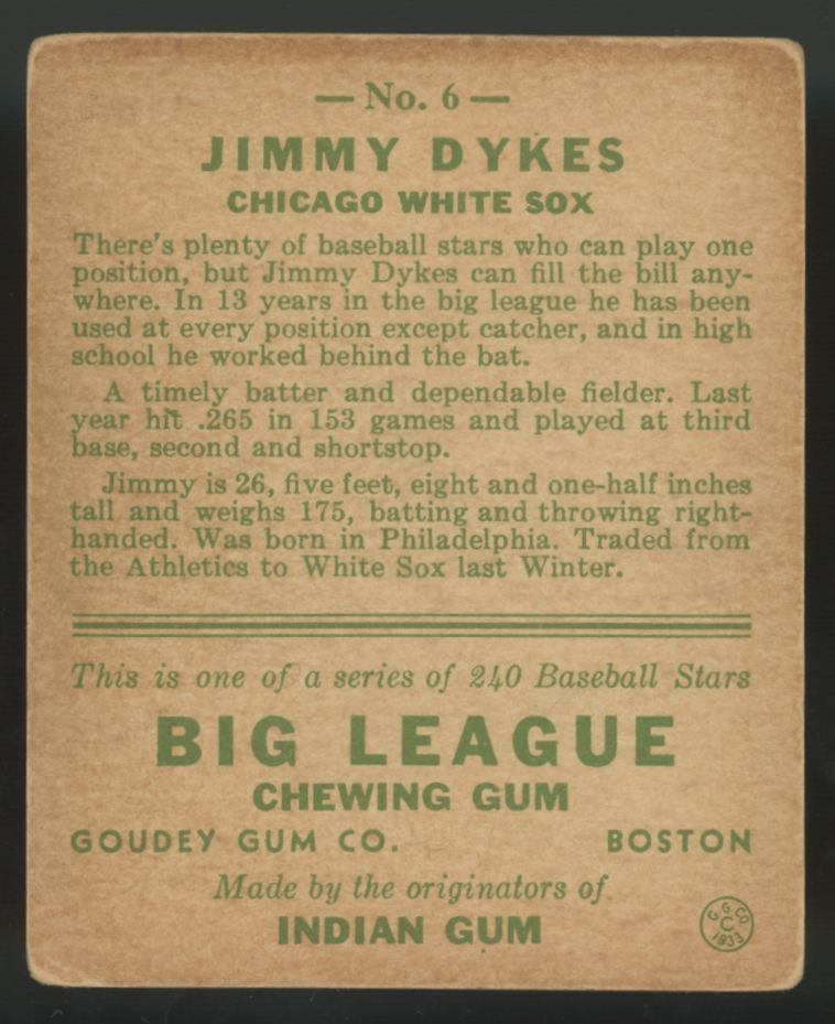 1933 Goudey Jimmy Dykes #6 G/VG