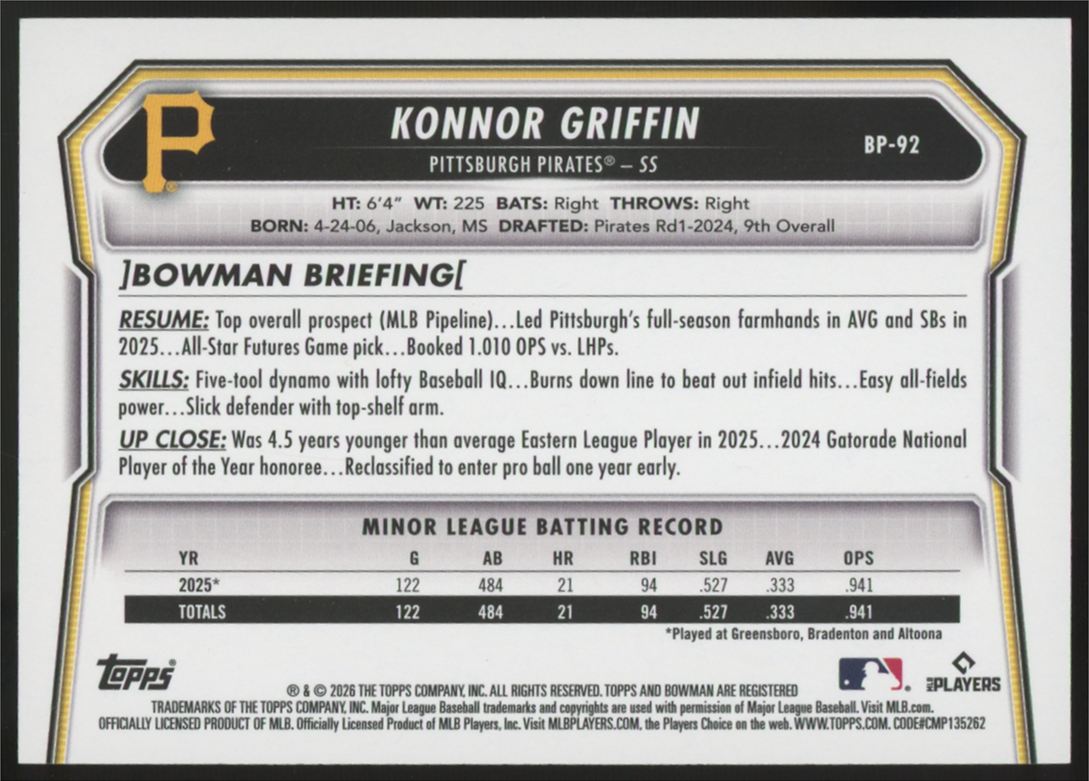 2026 Bowman Konnor Griffin Prospect Gold /50 #BP-92