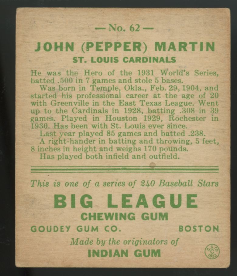 1933 Goudey Pepper Martin #62 EX