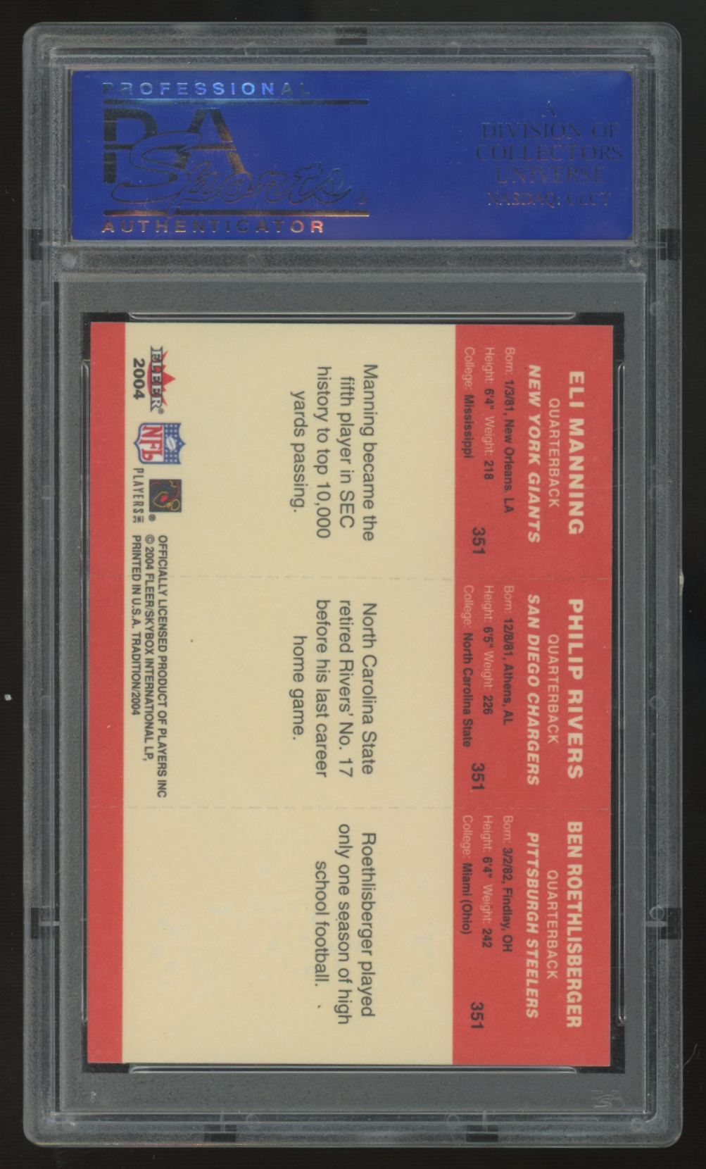 2004 Fleer Tradition E. Manning/Rivers/Roethlisberger RC #351 PSA 10