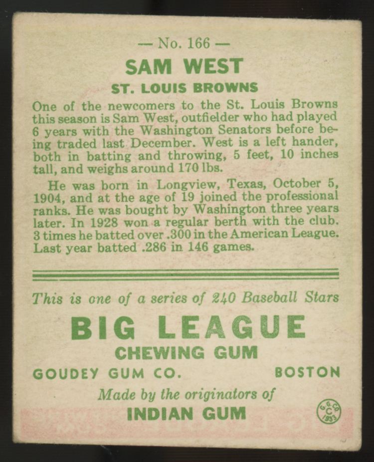 1933 Goudey Sam West #166 VG/EX (Trimmed)